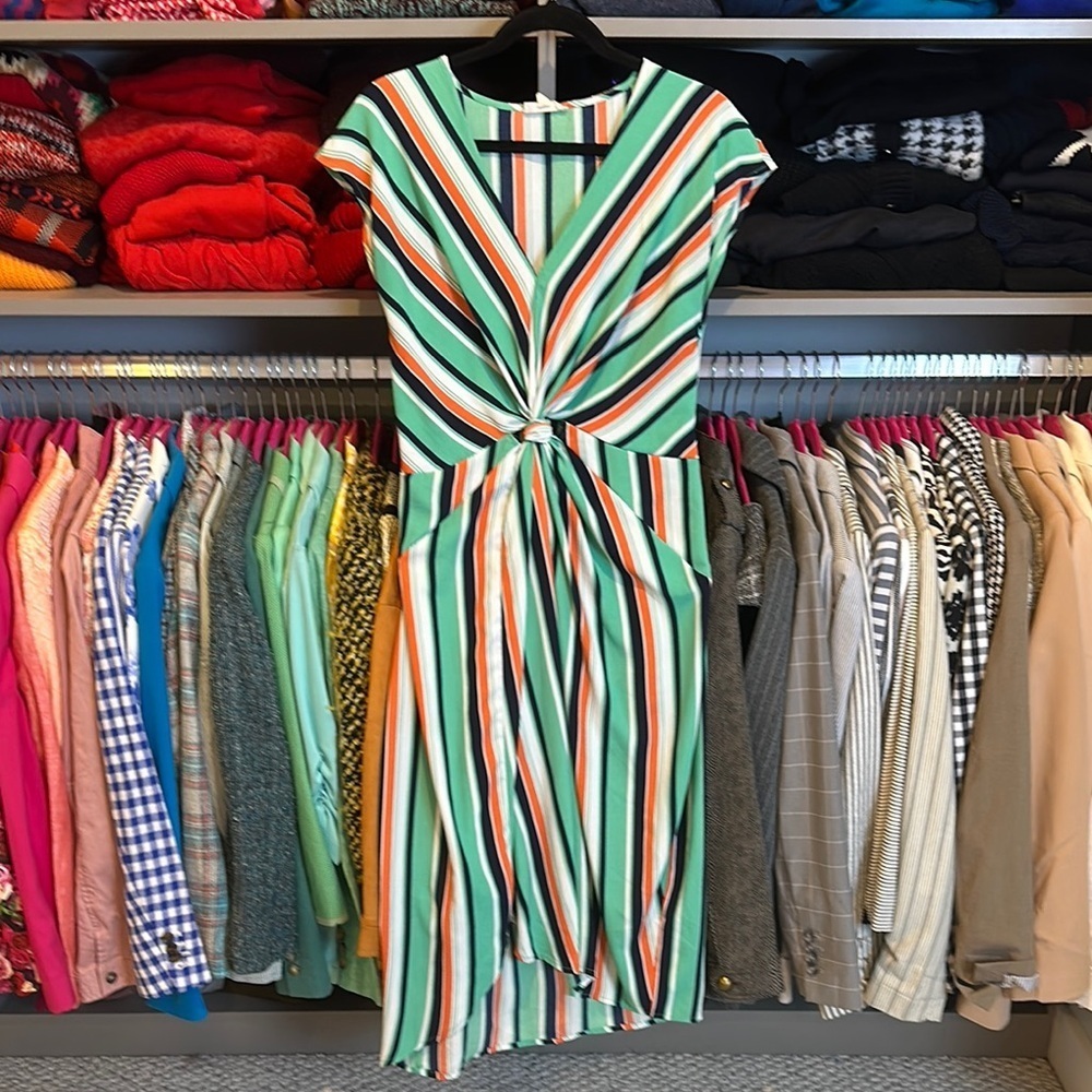 Promesa green/orange/white/navy striped cap sleeve front knot midi dress size S